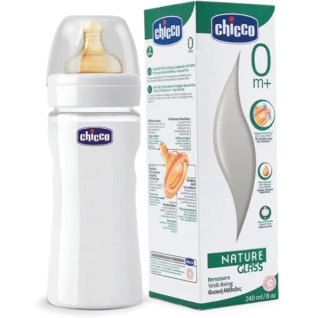 Бутылочка Chicco Well-Being Glass Чико Велл-Биинг Гласс 240 мл, лат. соска, стекло