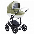 Детская коляска Tutis Mimi Style 3 в 1 на белой раме Детская коляска Tutis Mimi Style 3 в 1 на белой раме 383 Оливковый + Св.олива кожа Белая рама — Фото