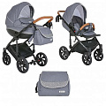 Детская коляска Tutis Mimi Style 2 в 1, ткань+эко-кожа Детская коляска Tutis Mimi Style 2 в 1, ткань+эко-кожа 331/B Серый лен+белый горох+кожа черная рама — Фото