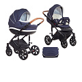 Детская коляска Tutis Mimi Style 3 в 1 Детская коляска Tutis Mimi Style 3 в 1 340 Синий жаккард + кожа белая — Фото