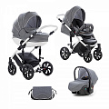 Детская коляска Tutis Mimi Style 3 в 1 на белой раме Детская коляска Tutis Mimi Style 3 в 1 на белой раме 331 Серый лен + белый горох + кожа белая рама — Фото