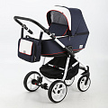 Детская коляска BeBe-Mobile Gusto 3 в 1, ткань+эко-кожа GU8 Темно-синий - Белая перфорированная кожа - Красная отделка — Фото