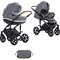 Детская коляска Tutis Mimi Style 2 в 1, ткань+эко-кожа Детская коляска Tutis Mimi Style 2 в 1, ткань+эко-кожа 333 Серый лен + серо-белый узор + кожа коричневая — Фото