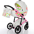 Детская коляска Tako Neon 2 в 1, эко-кожа Детская коляска Tako Neon 2 в 1, эко-кожа Tn-01 Белая Кожа - Рама Розовая - Светящийся Узор — Фото